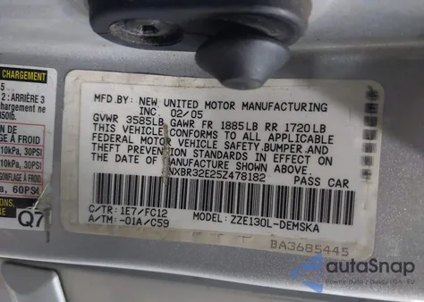 2005 Toyota Corolla S from USA, damaged, VIN 1NXBR32E25Z478182